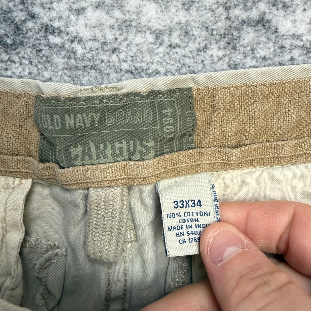 Y2K Old Navy Cargo Pants Men 33x34 (32x32) Beige Twill Distressed Straight Skate - Picture 10 of 15
